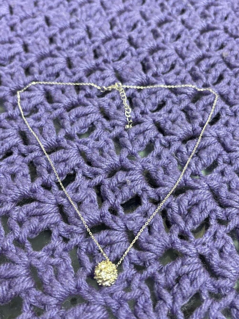 Silvertone Chain Necklace Clear Rhinestone Pave Bead Pendant 15-17 inches Long
